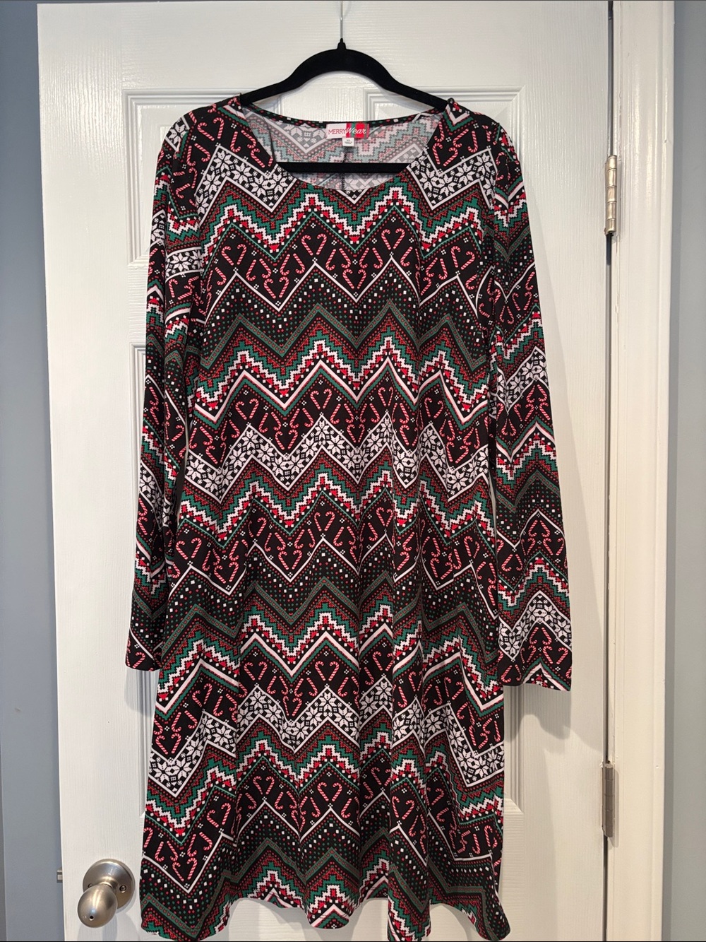 Merry Wear Long Sleeve Chevron-Print A-Line Dress in Black, Red & Green